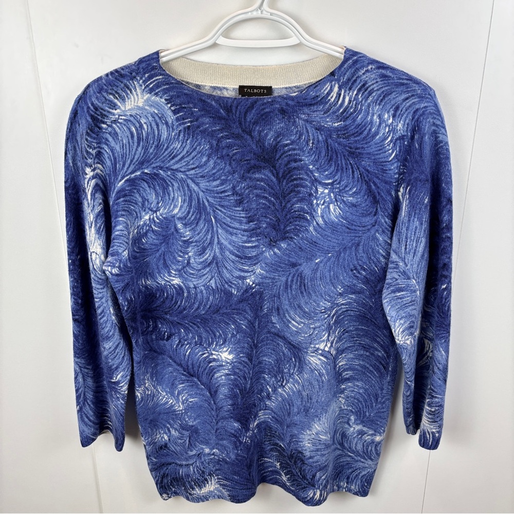Talbots Cashmere Sweater Cobalt Blue Feather Pattern 3/4 Sleeve sz M Luxury
